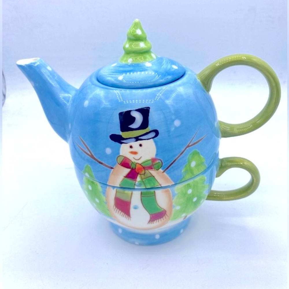Stackable Ceramic Individual Snowman Teapot With Mug  By Mesa International